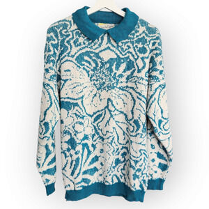 Vintage Diane Von Furstenberg White and Teal Knit Fold Over Collar Sweater L